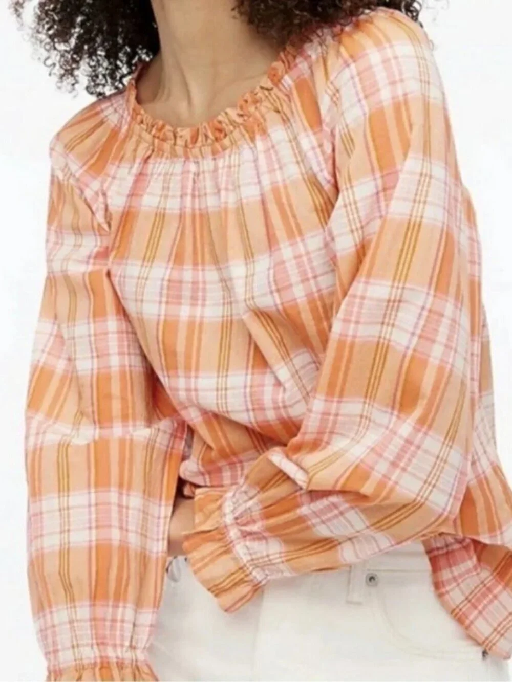 J. Crew Orange Madras Plaid Ruffle Tie-Back Cotton Gauzy Top Sz M Preppy Prep